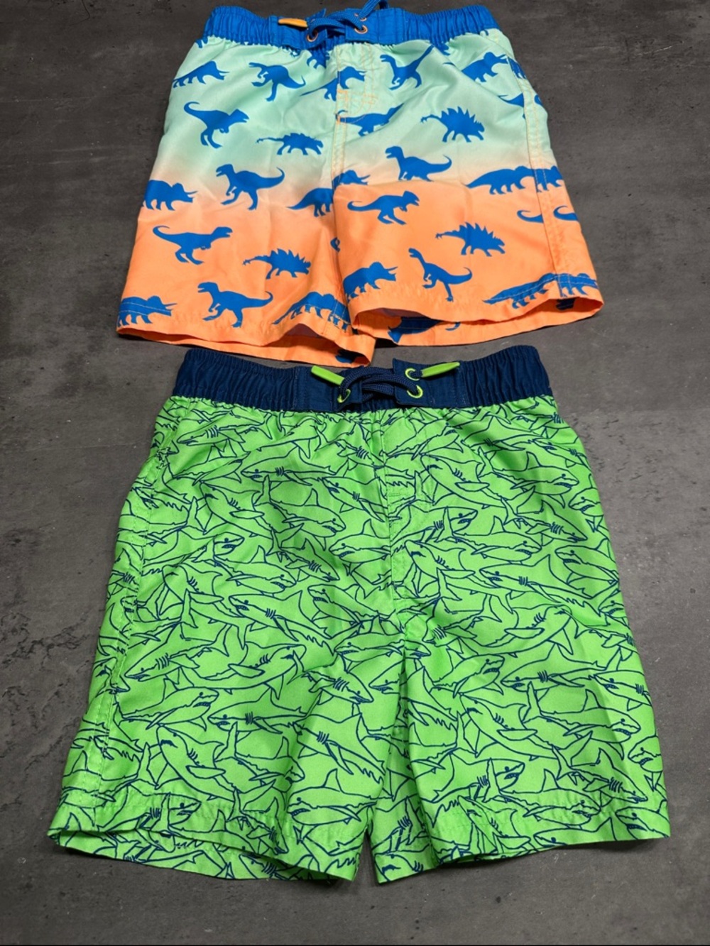 Kids' Neon Green Shark Swim Trunks & Orange Dinosaur Swim Shorts - 2-Pack